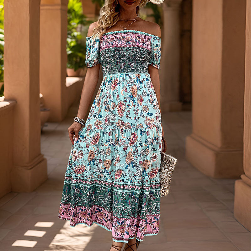 Kvinders Off-Shoulder Maxi Kjole med Blomsterprint og Elastisk Talje Bånd Stilla
