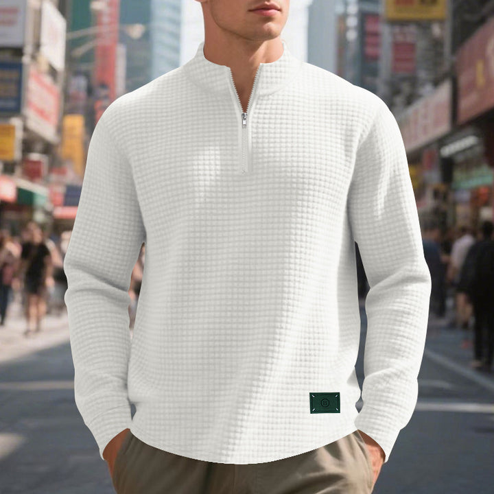 Herren nan lette vaffelstrik pullover med kort krave lynlås og rundet kant Skovae