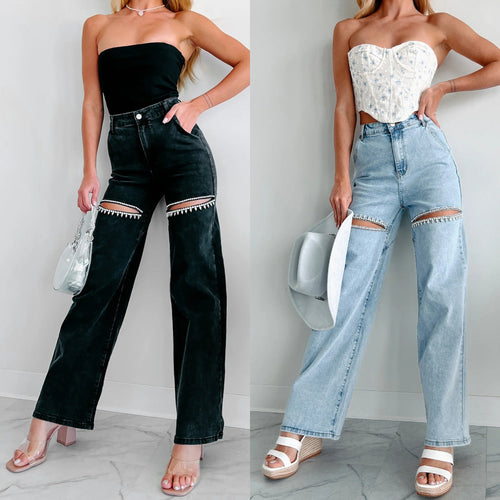Stilla | Løs Nitte Rippet Straight Leg Dame Jeans