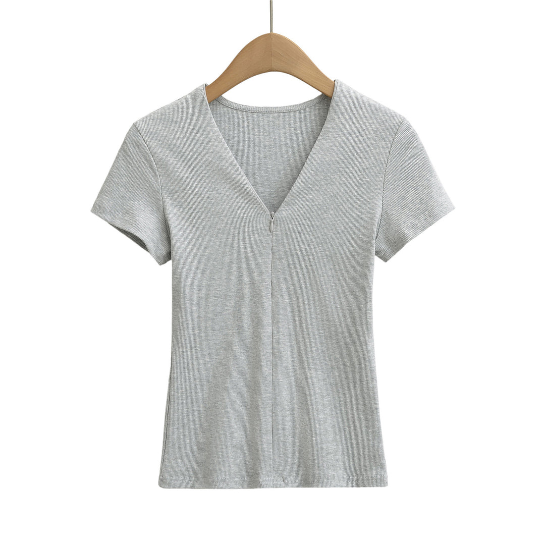 Dame Strik-T-shirt med V-hals og lynlås Stilla