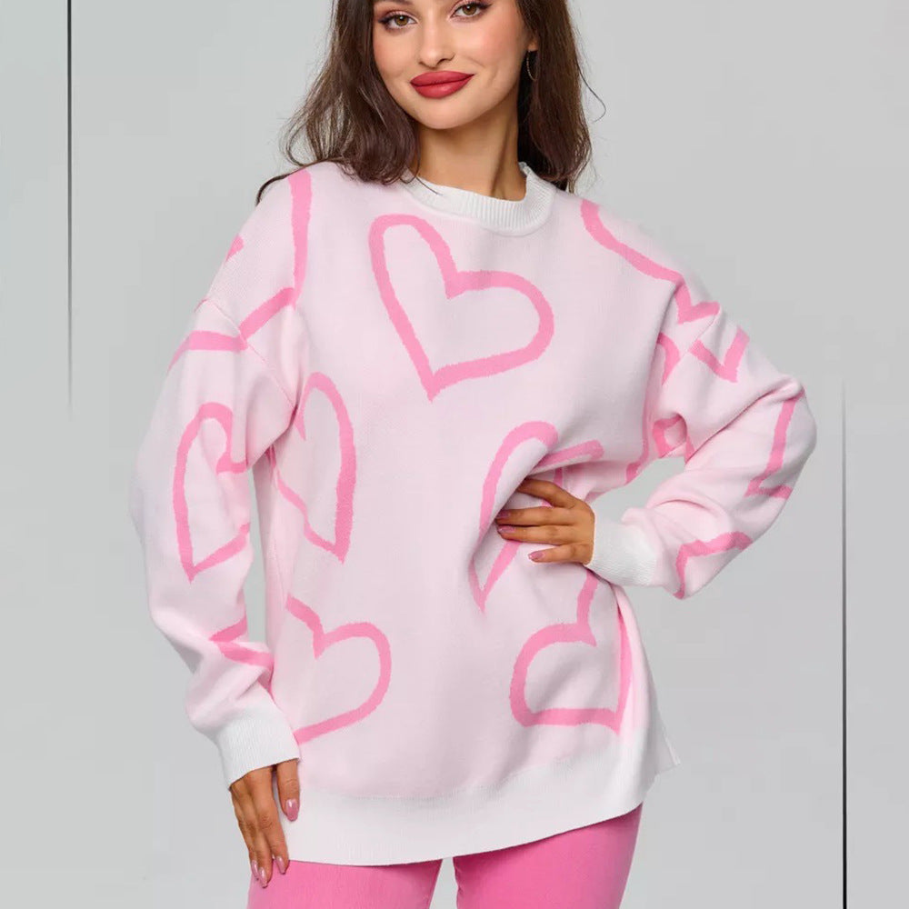 Dame Oversized Hjerte mønster Strikpullover Stilla