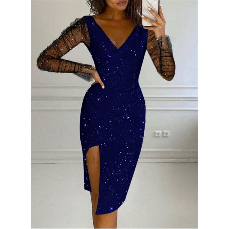 Dame Celestial Print Bodycon Midi Kjole med gennemsigtige ærmer Stilla