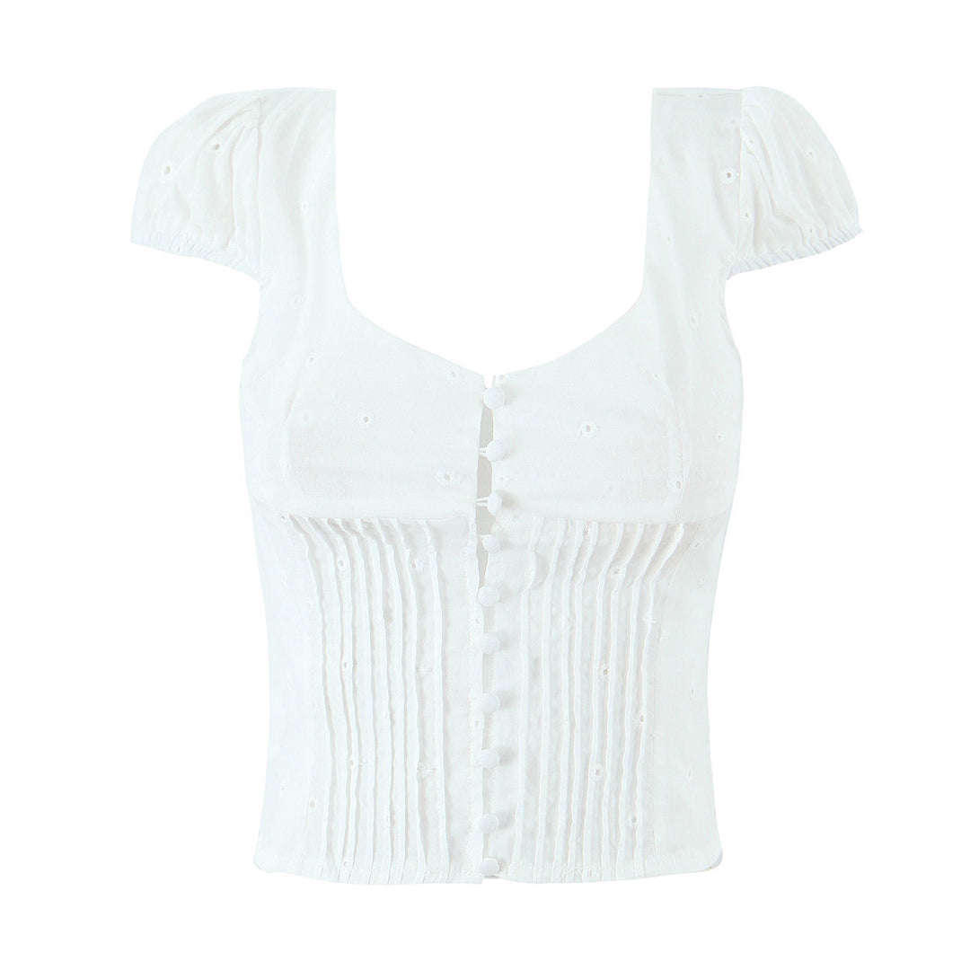 Dame legesygt crop-top med volangdetaljer og knaplukning Stilla