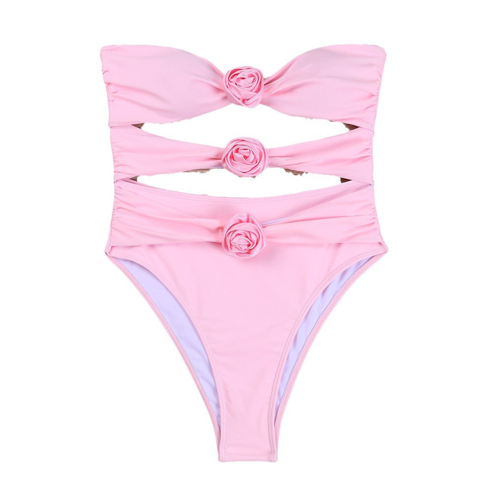Dame Bandeau-bikini med blomster detaljeret knude og høj skæring Stilla