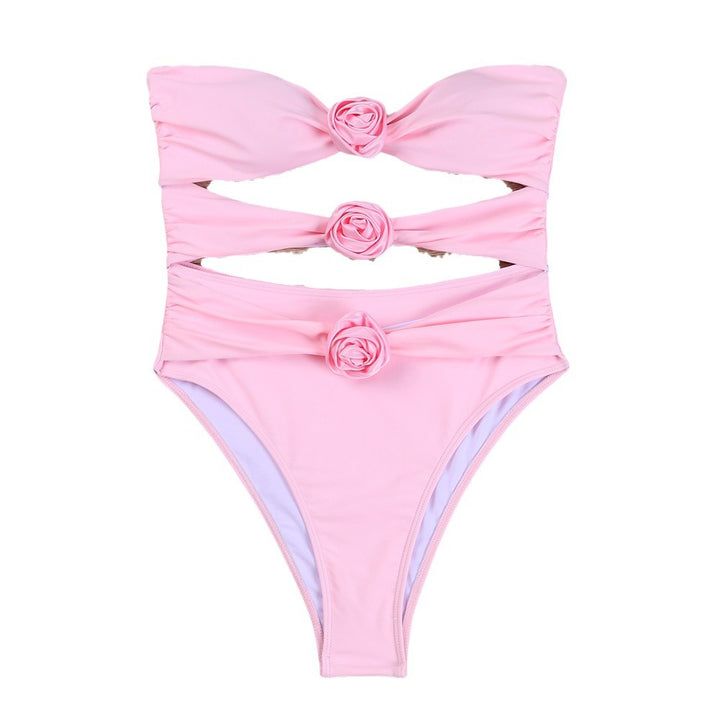 Dame Bandeau-bikini med blomster detaljeret knude og høj skæring Stilla