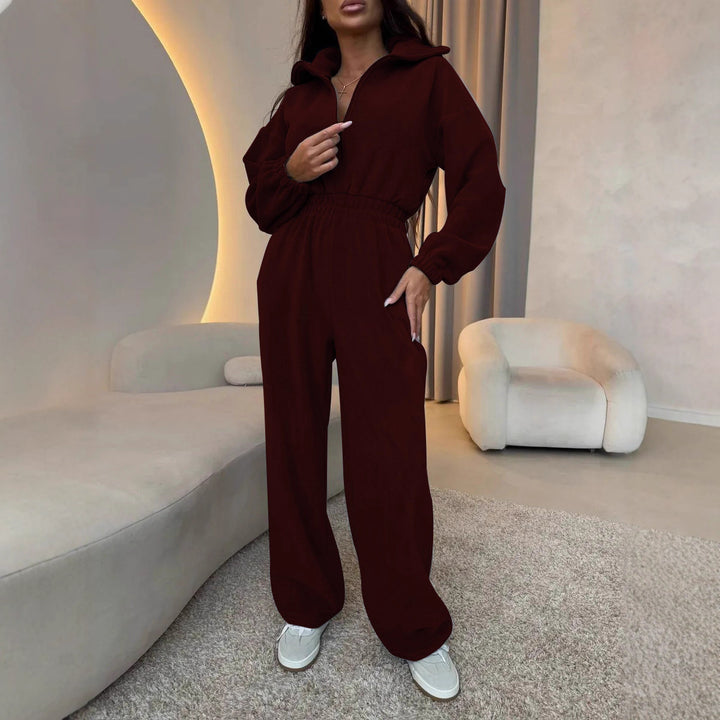 Kvinders elegante fleece jumpsuit med høj krave og elastisk talje Skovae