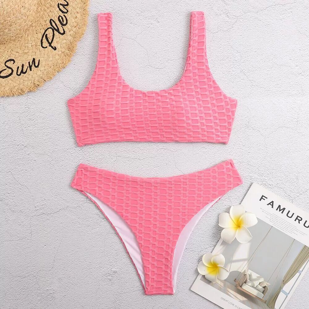Dame Tekstureret Højskåret Bikini Sæt Stilla
