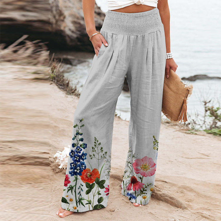 Dame bred Floral-bukser med elastisk linning og sidelommer Stilla