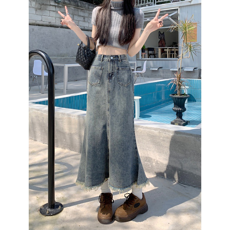 Kvindernes Lange Denim Nederdel med Flosset Kant Stilla