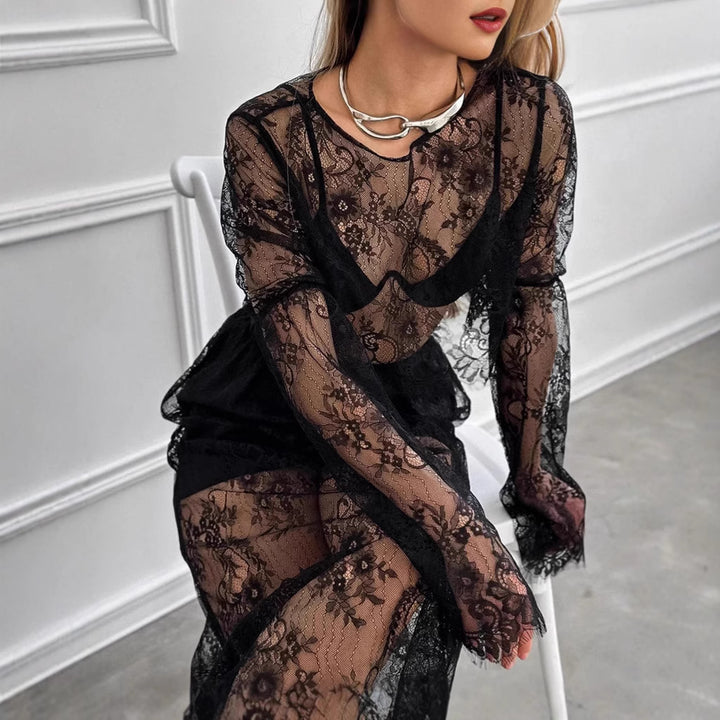 Dame Elegant spidssnit dragt med gennemsigtige detaljer og figursyet snit Stilla