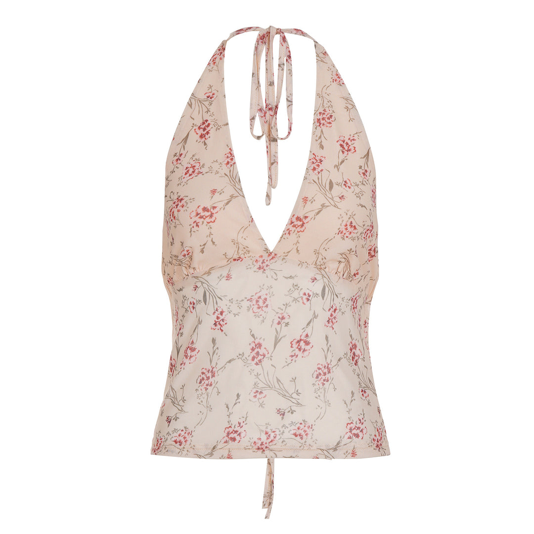 Dame halterneck top med blomstret design og dyb V-udskæring Skovae