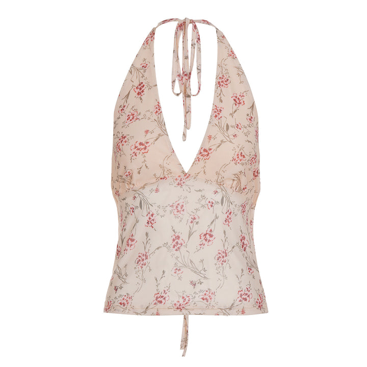 Dame halterneck top med blomstret design og dyb V-udskæring Skovae