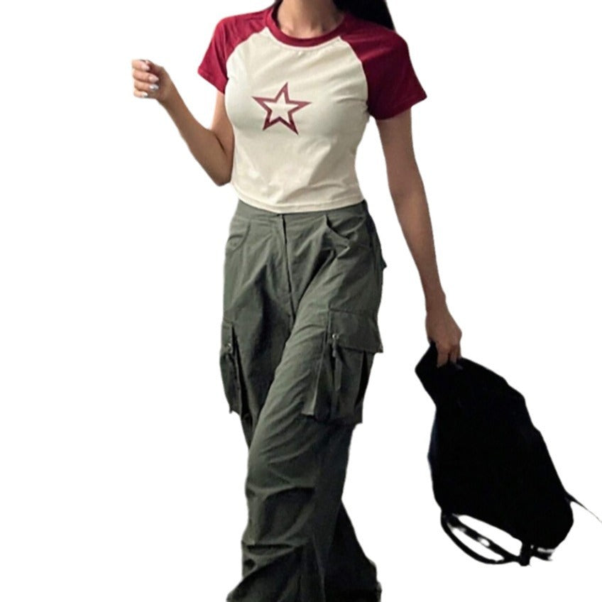 Dame Raglan-Crop-Shirt med iøjnefaldende stjernemotiv Skovae
