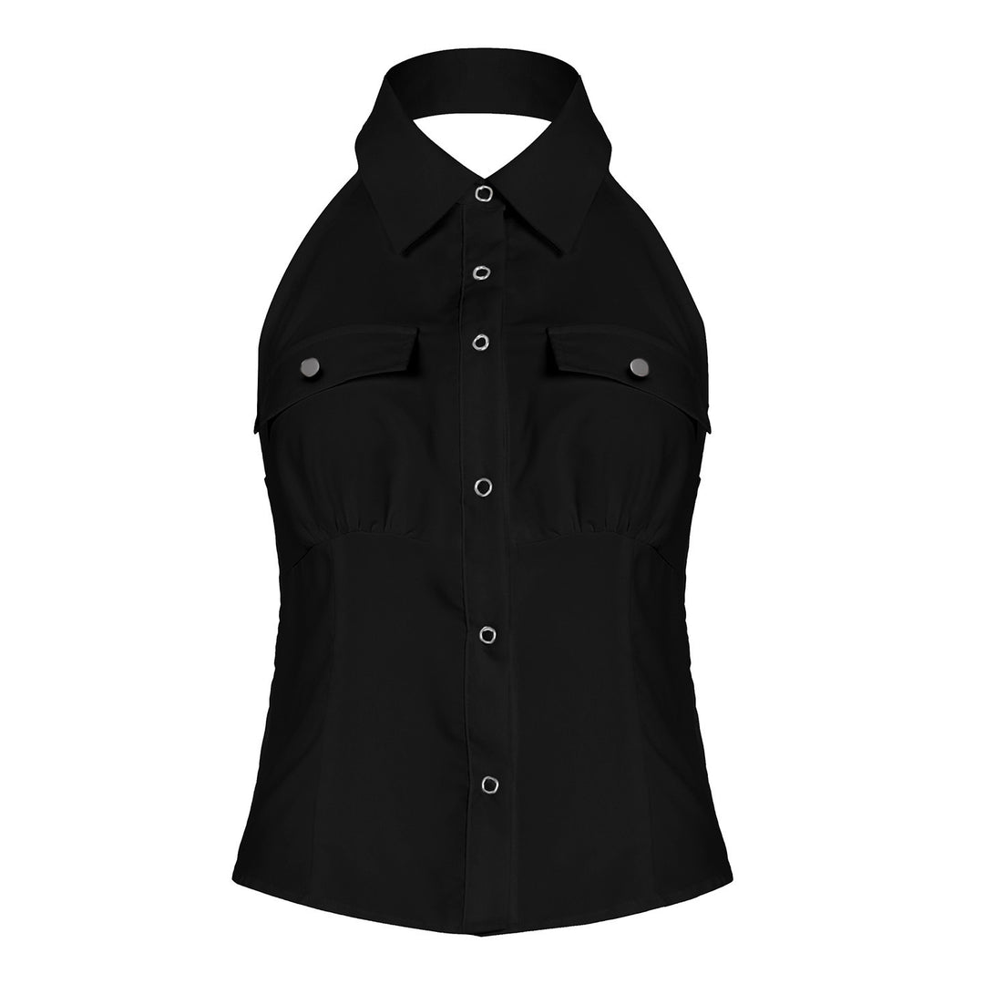 Dame halterneck top med elegant krave og praktiske brystlommer Skovae