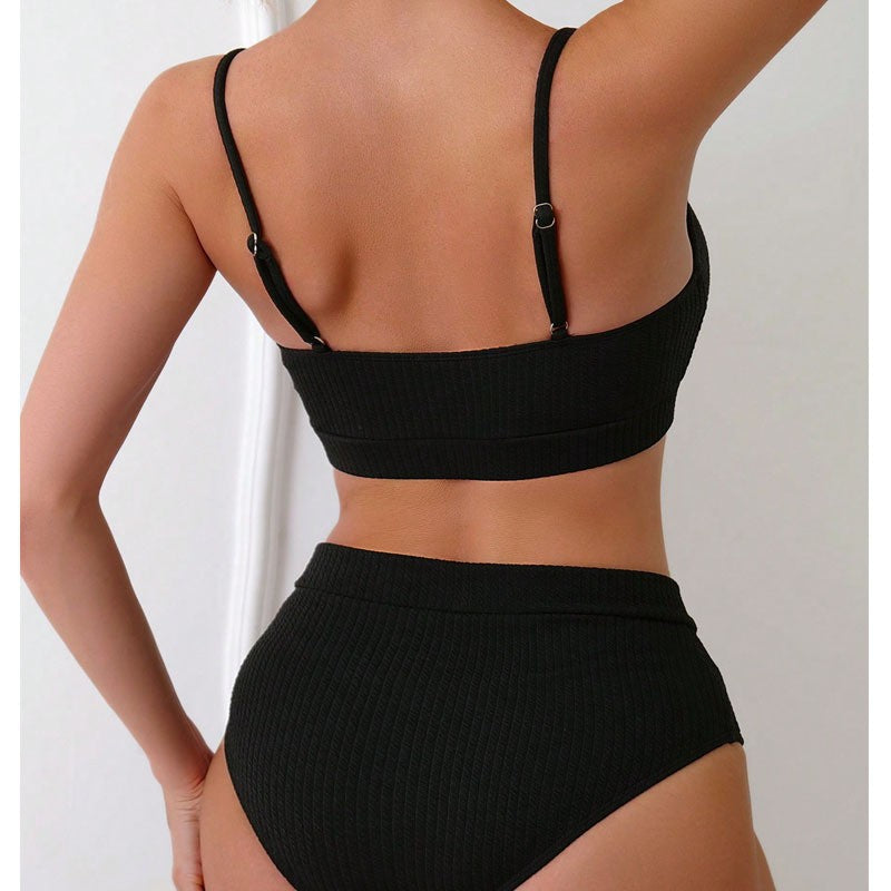 Dame High-Waist Bikini Sæt med sporty Crop-Top og Ribstruktur Skovae