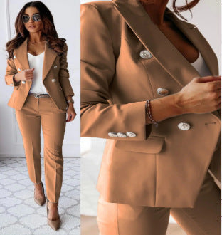 Dame elegant blazer-dragt-sæt med dobbeltradet blazer og smalt skårne bukser Stilla