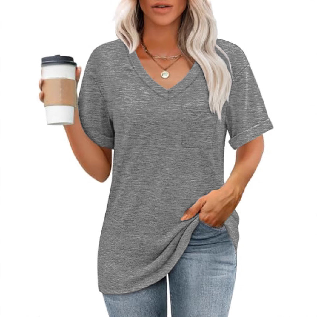 Dame Fritid V-Udskæring Lommer T-Shirt Stilla
