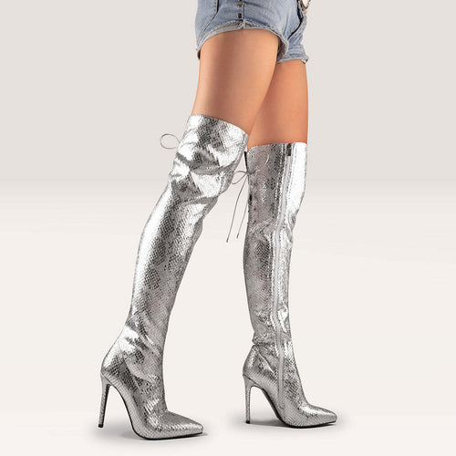 Dame Over-the-Knee Glinsende Stiletto-Støvler med Slangeskinds-Textur Stilla