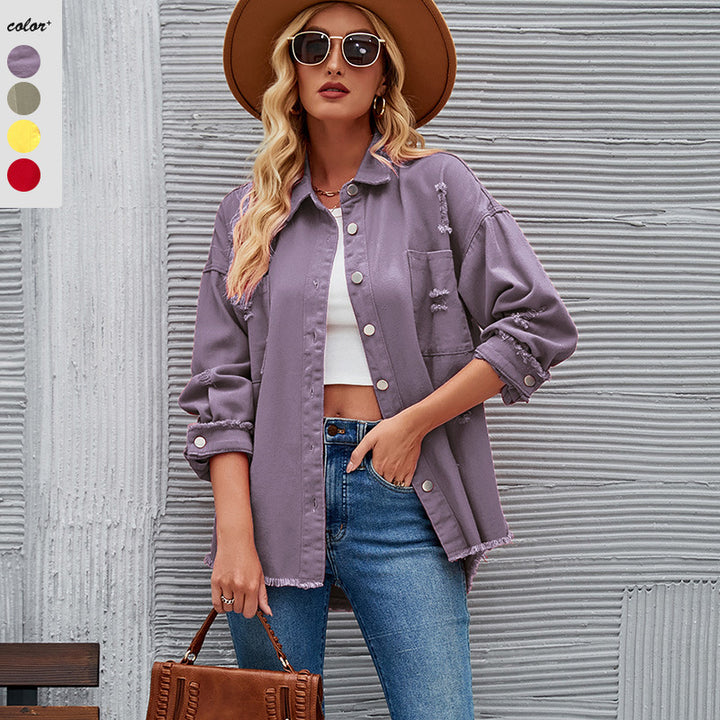 Dame Oversized Denim Jakke med frynset Detaljer og Knaprække Stilla