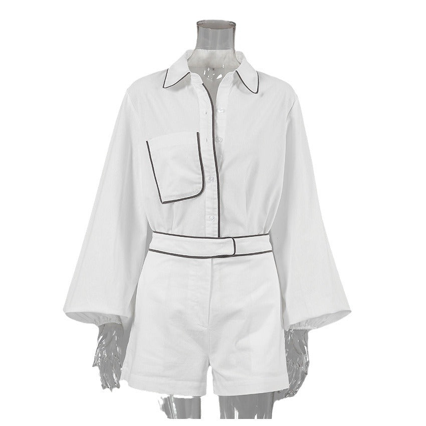 Dame bluse- og shorts-sæt med elegant krave og voluminøse ærmer Stilla