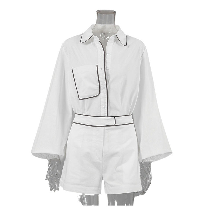 Dame bluse- og shorts-sæt med elegant krave og voluminøse ærmer Stilla