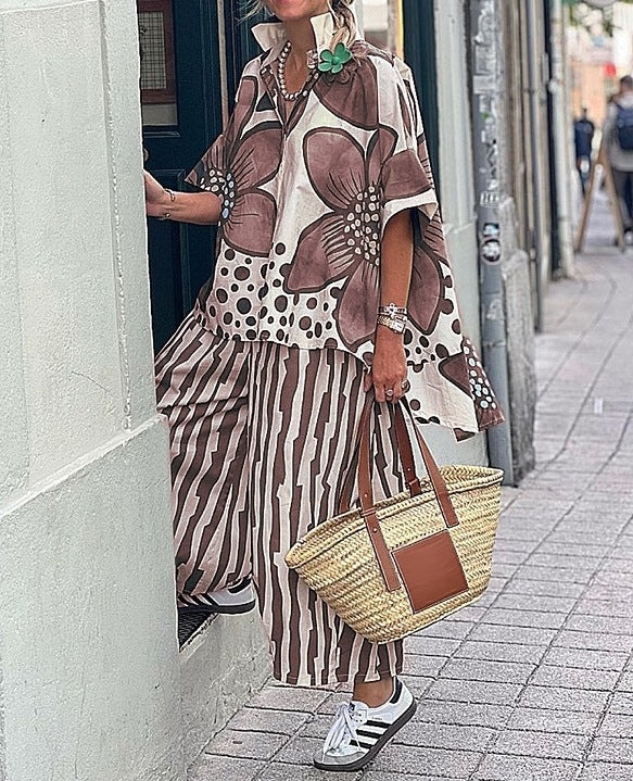 Dame Stilfuldt Floralprint Poncho og Bred-Bukser Sæt Stilla