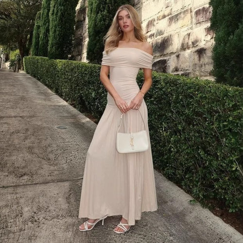 Dame Elegant Maxikjole med Off-Shoulder-Rynkning og plisseret Skørt Stilla