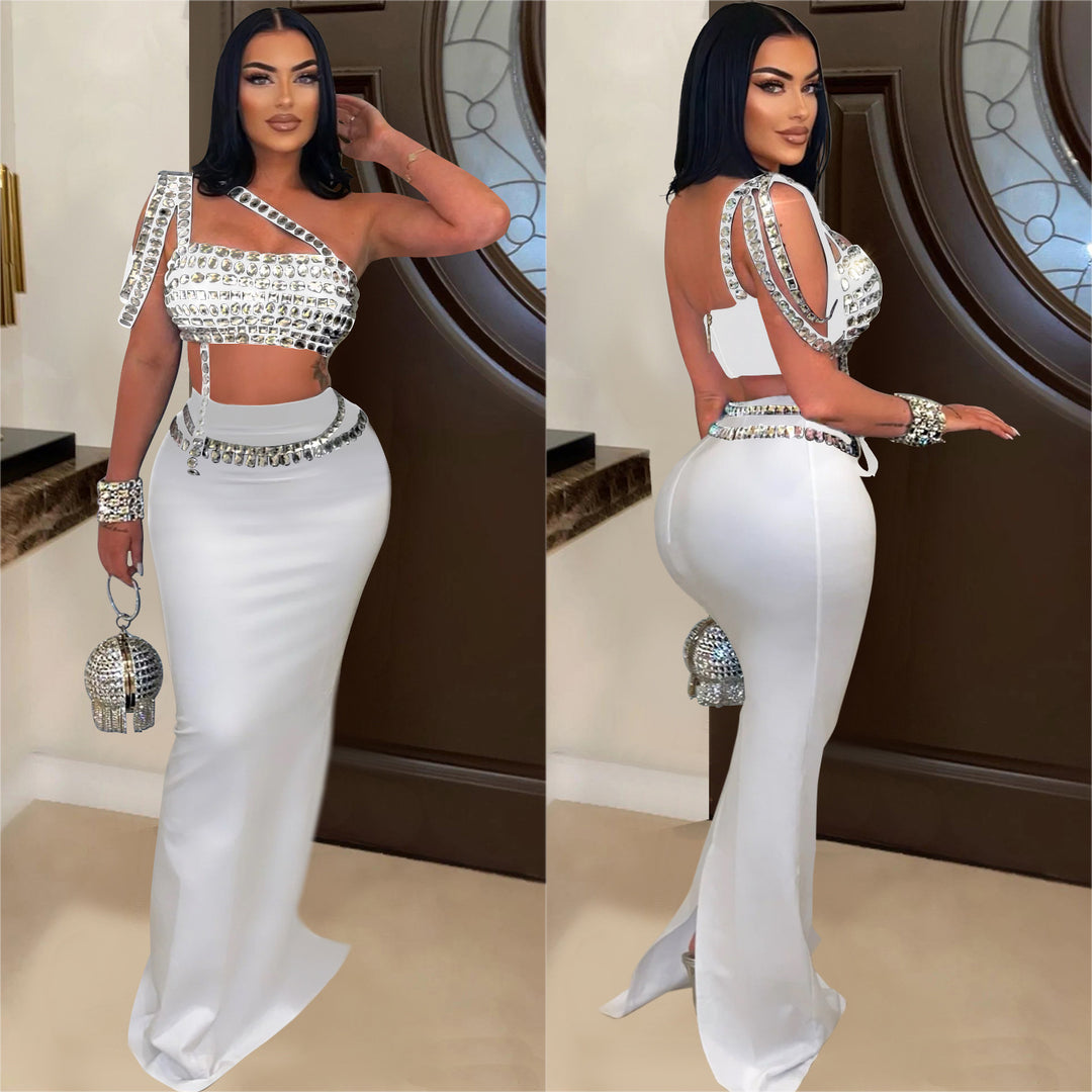 Dame Glitrende Crop-Top med figursyet Maxi-Nederdel Kombination Stilla