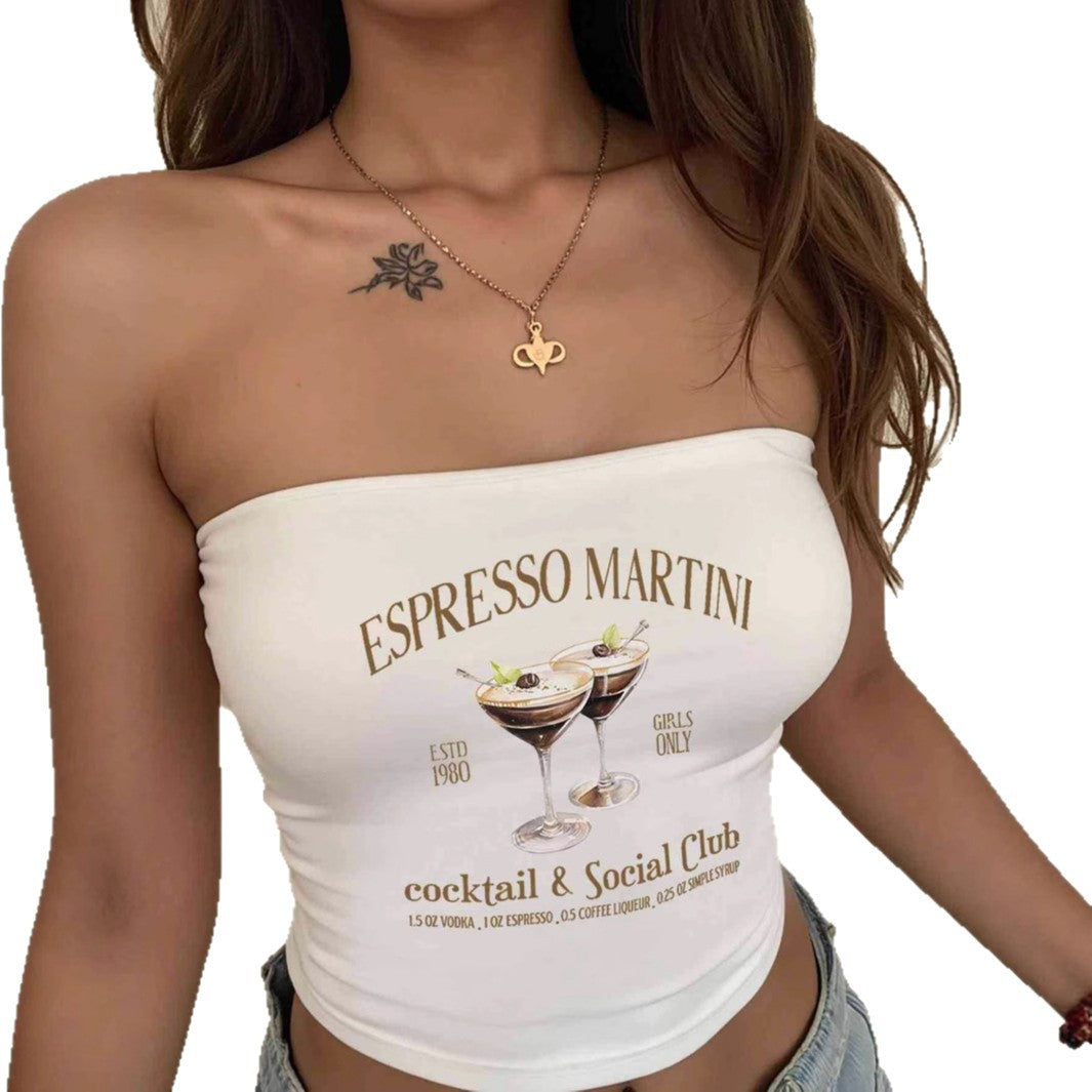 Dame Bandeau Top med Espresso Martini print og figursyet snit Skovae