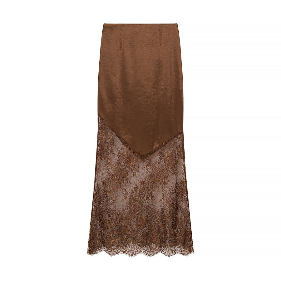 Kvindernes elegante maxi nederdel med gennemsigtig blonde og chic satin top Stilla