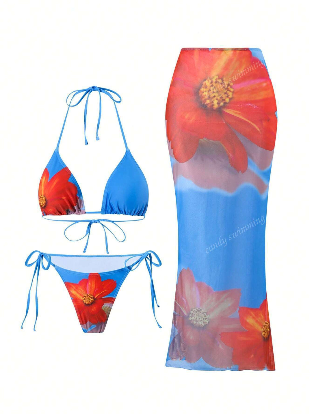 Dame Triangel-Bikini-Sæt med blomsterdesign og gennemsigtig Maxikjole Skovae