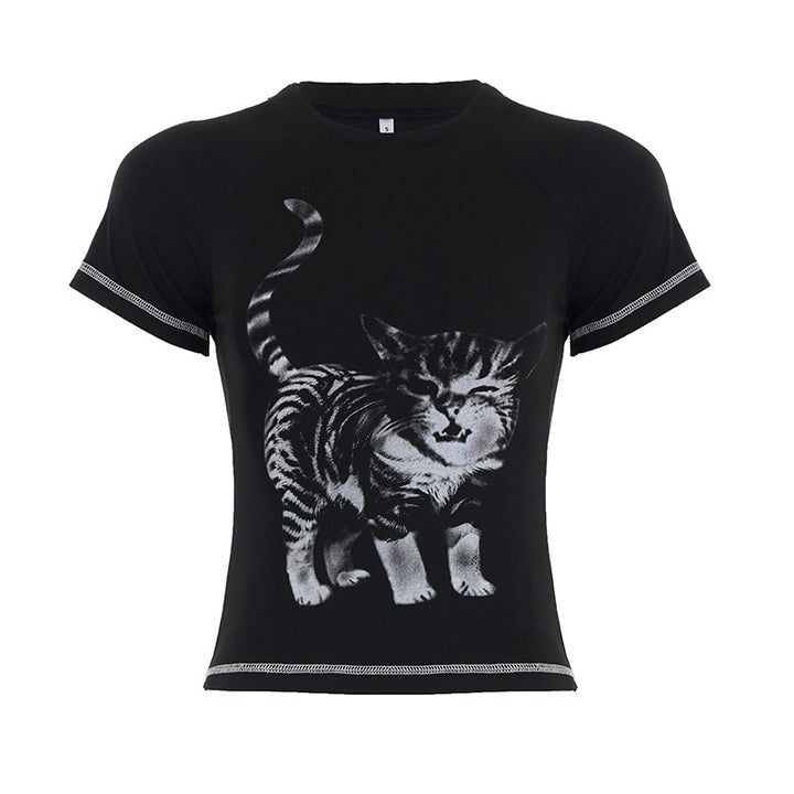 Dame T-shirt med kreativt kattemotiv og sportslig snit Skovae