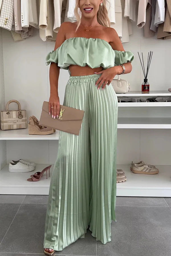 Dame Plisseret Maxi Nederdel og Off-Shoulder Crop Top Sæt Stilla