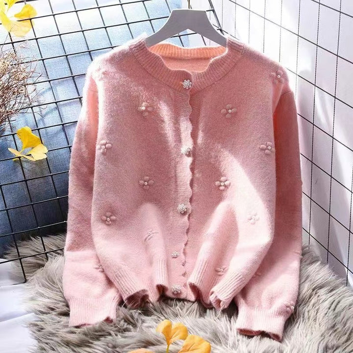 Kvinders hyggelige cardigan med blomsterapplikationer Stilla