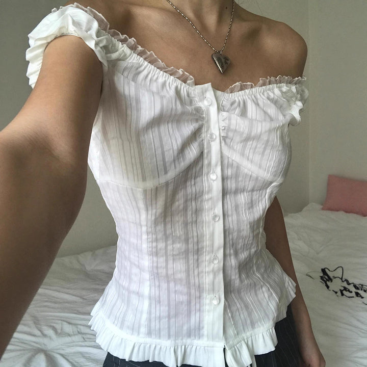 Dame Off-Shoulder Bluse med flæsekanter og knapdetaljer Skovae