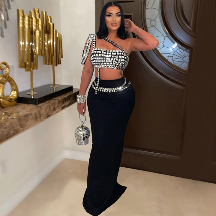 Dame Glitrende Crop-Top med figursyet Maxi-Nederdel Kombination Stilla
