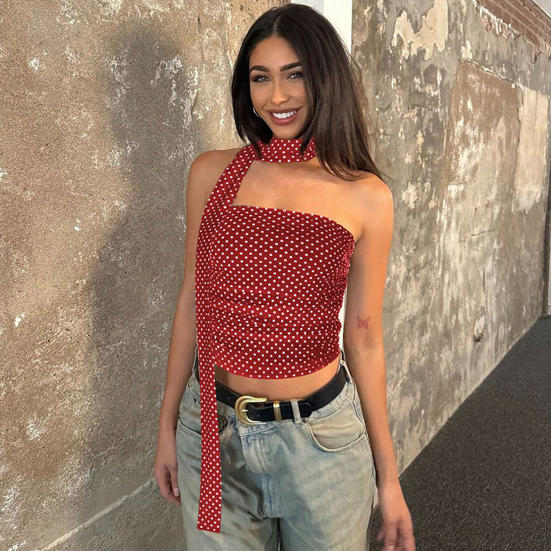 Dame Off-Shoulder A-formet Bluse med Halterneck og Dottmønster Stilla