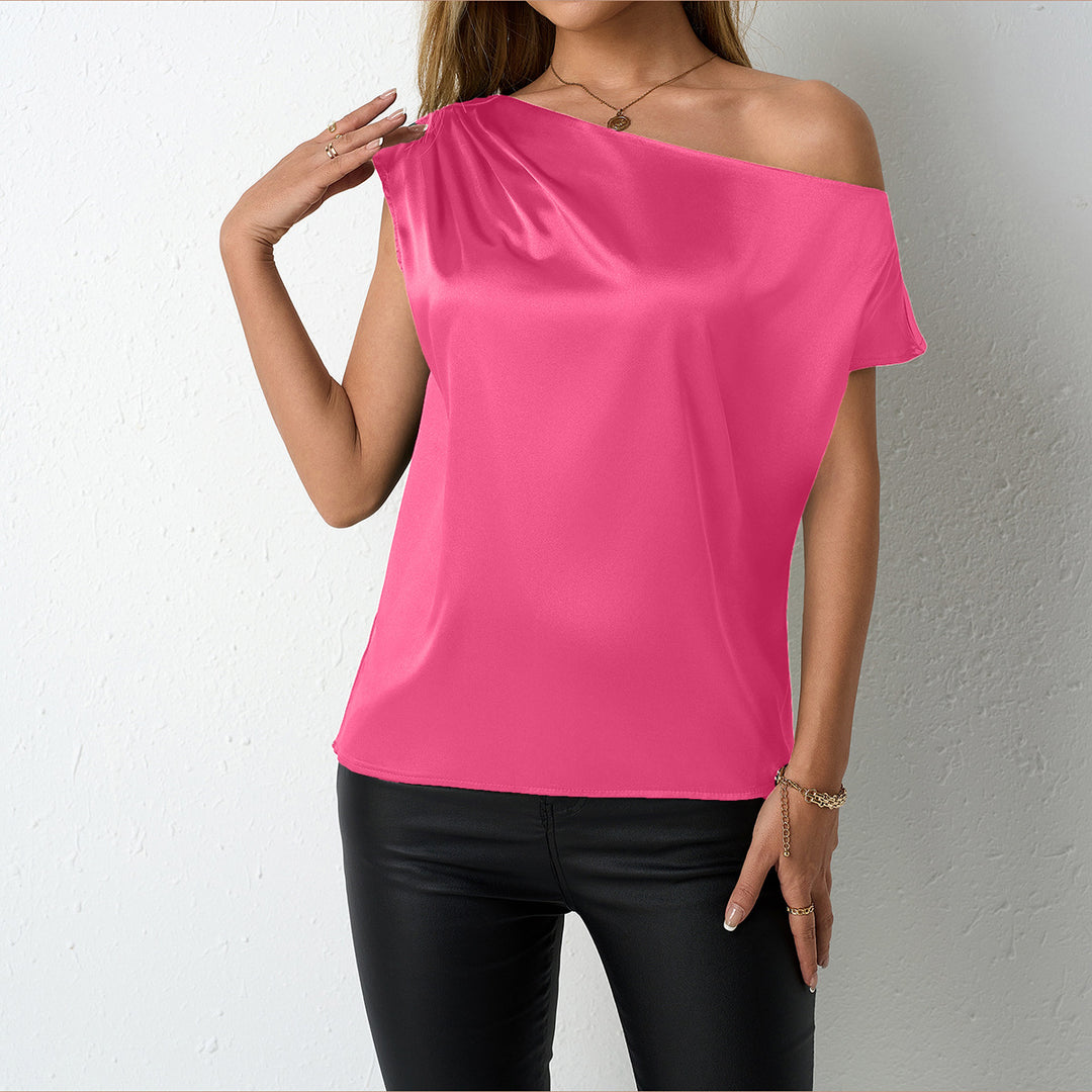 Dame elegant, skulderfri satinbluse med flydende snit Skovae