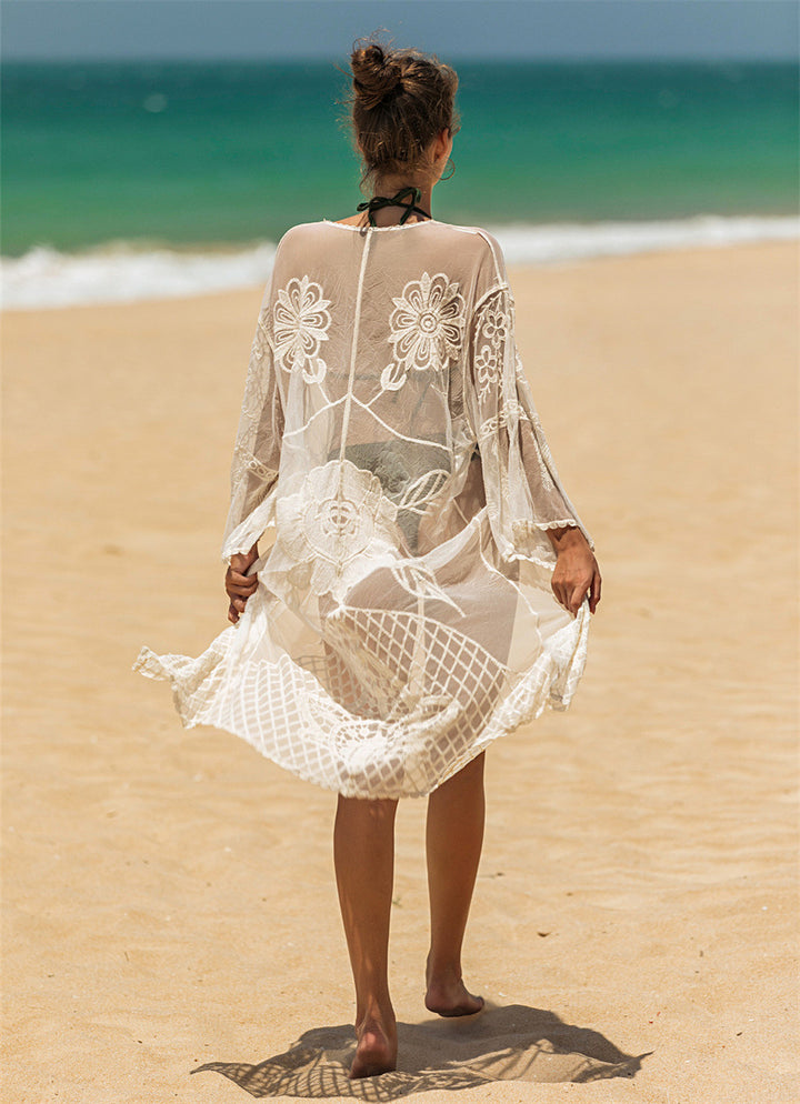 Dame elegant hæklet strandtunika med florale detaljer Skovae