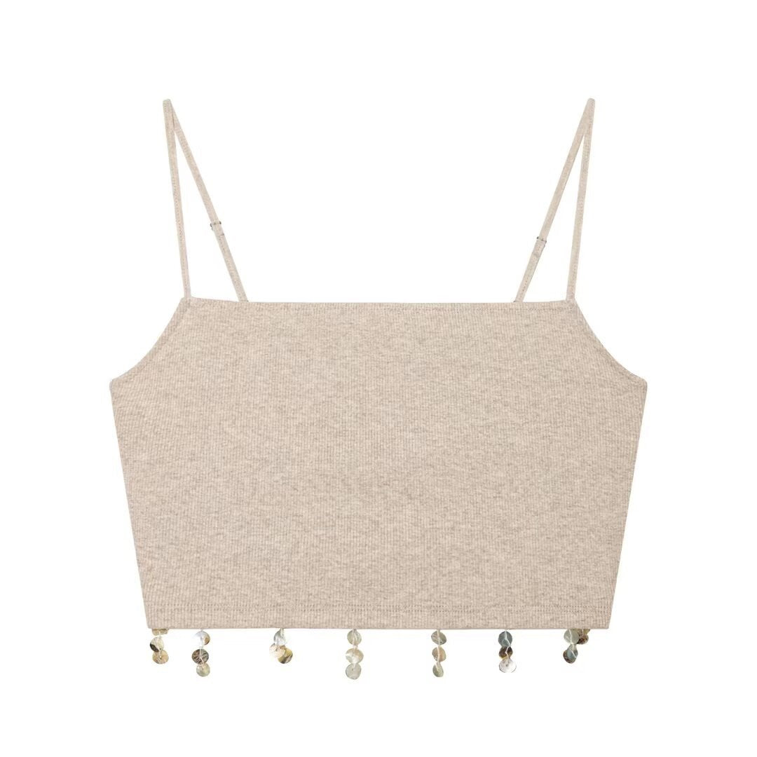 Dame Crop-top med glitrende pailletter og smalle stropper Skovae