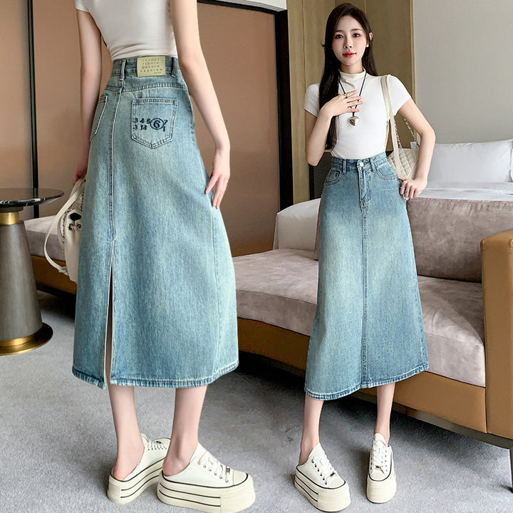 Kvindernes denim maxi nederdel med sideslids Stilla