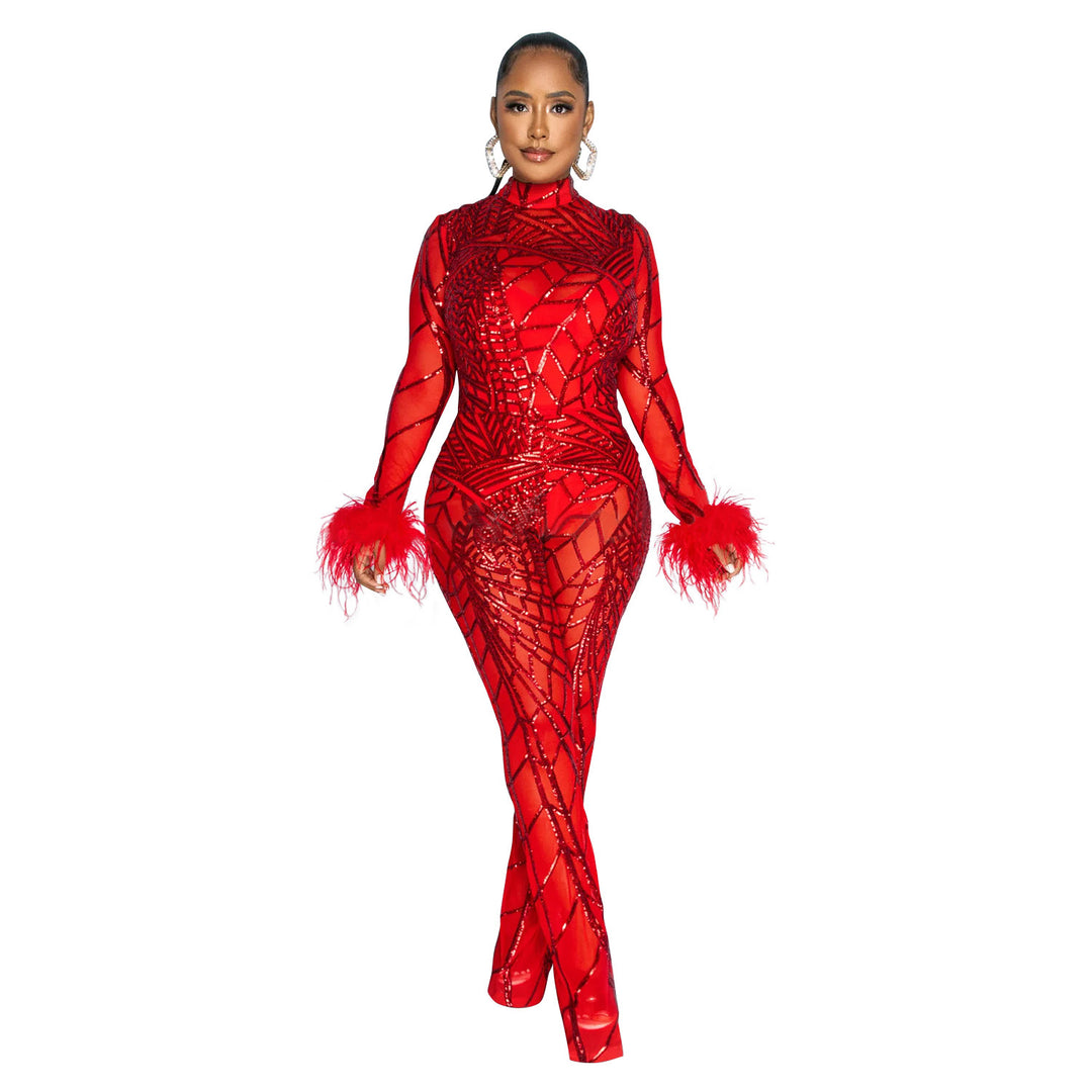 Dame Elegant Jumpsuit med gennemsigtigt overmateriale og glamourøse strassdetaljer Stilla