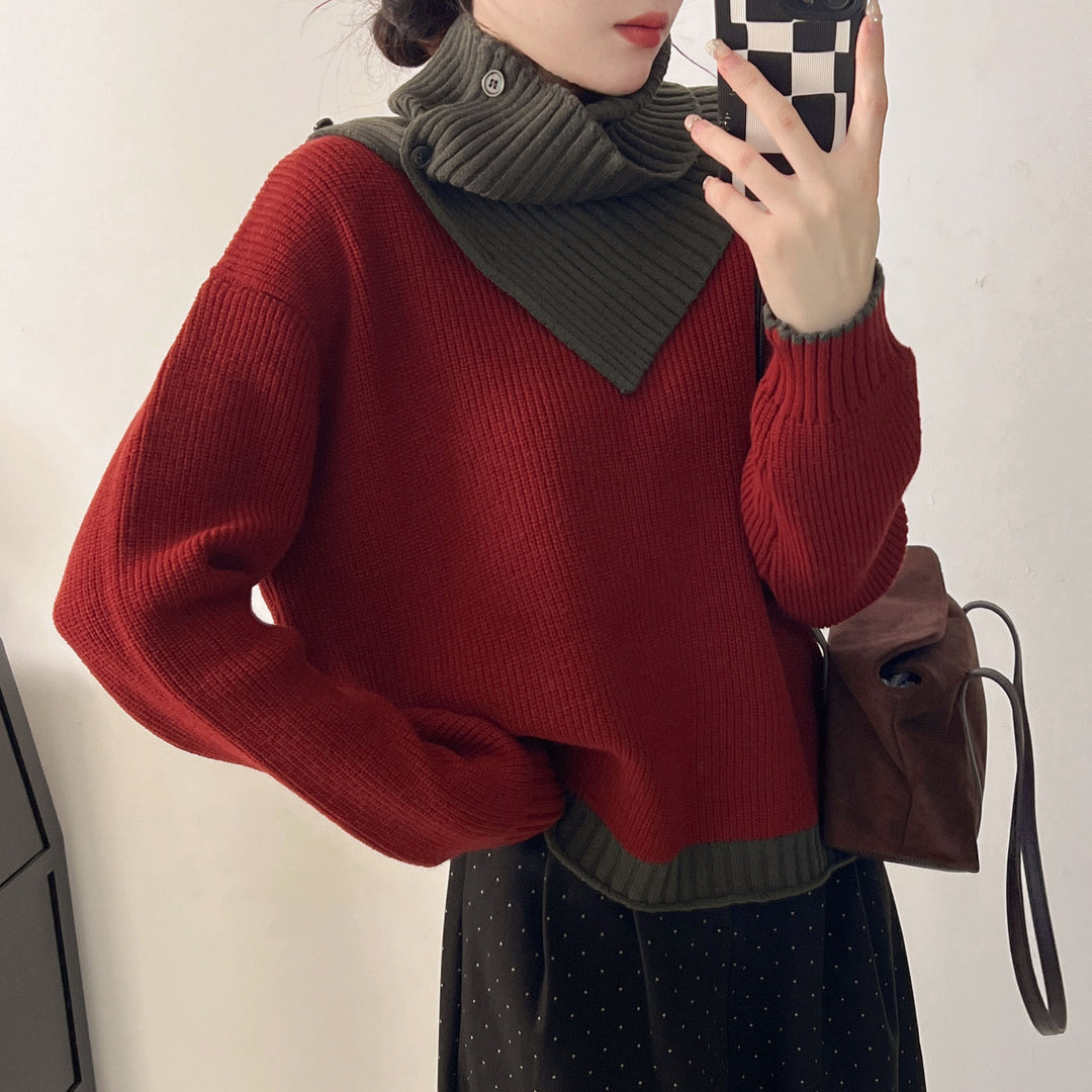 Damer Trendy Strikket Sweater med Krave og Knapdetalje Stilla
