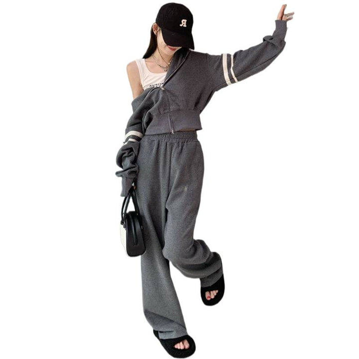 Kvindernes sporty hoodie og joggebuksen sæt med sporty lynlås og bred pasform Skovae