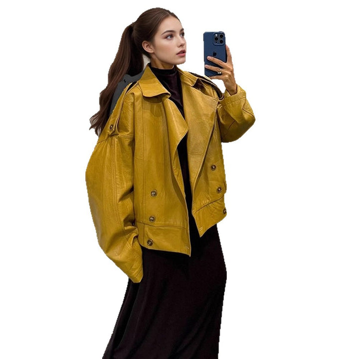 Dame Oversized Kunstlæderjakke med dobbelte knaplukninger og moderne snit Stilla