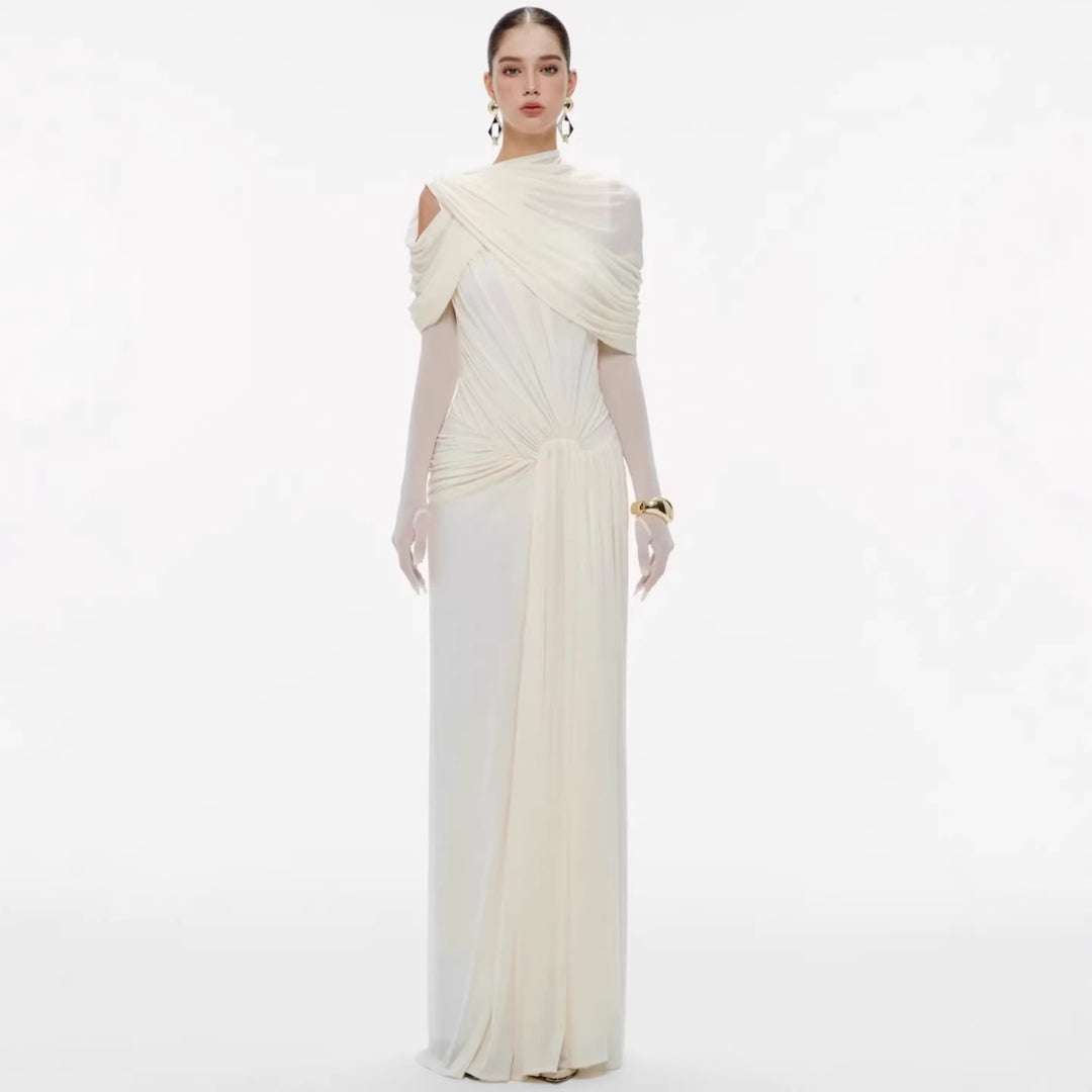 Dame elegant maxikjole med innovative draperingsdetaljer og asymmetrisk overdel Skovae