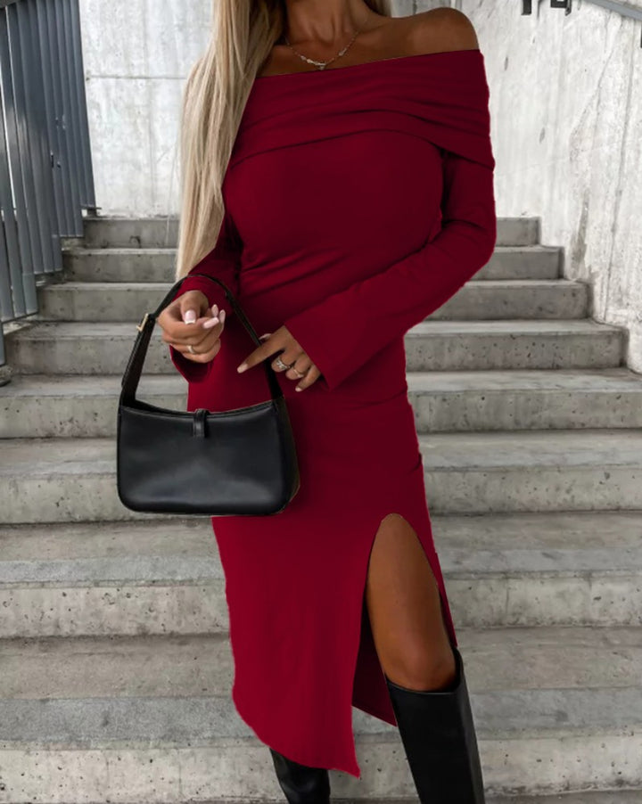 Dame Off-Shoulder Maxikjole med elegant split og lange ærmer Stilla