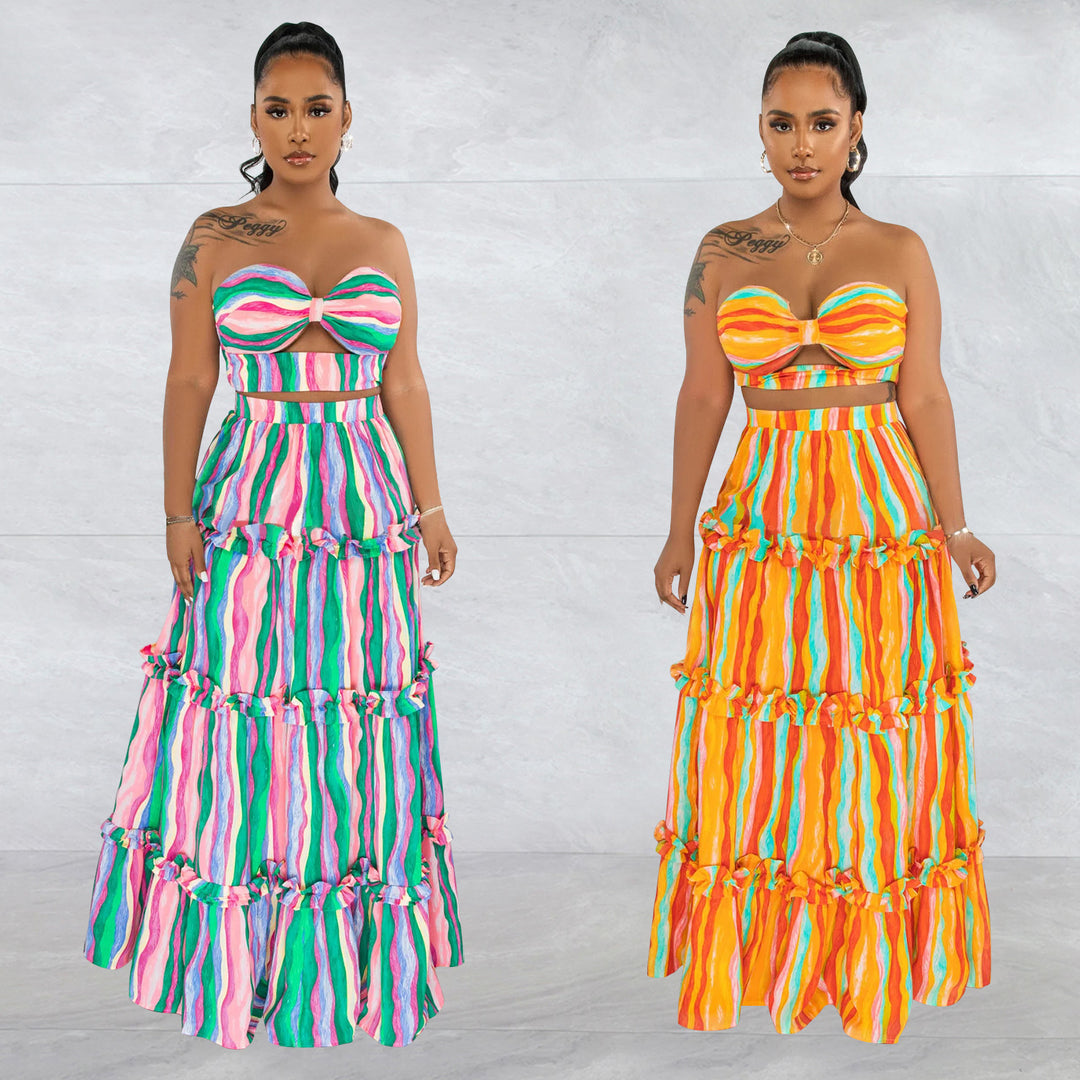 Dame Maxikjole med voluminøs flæse nederdel og bandeau-top Stilla