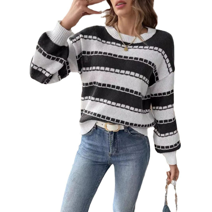 Dames moderigtige chunky strikket sweater med brede striber og afslappede ærmer Stilla