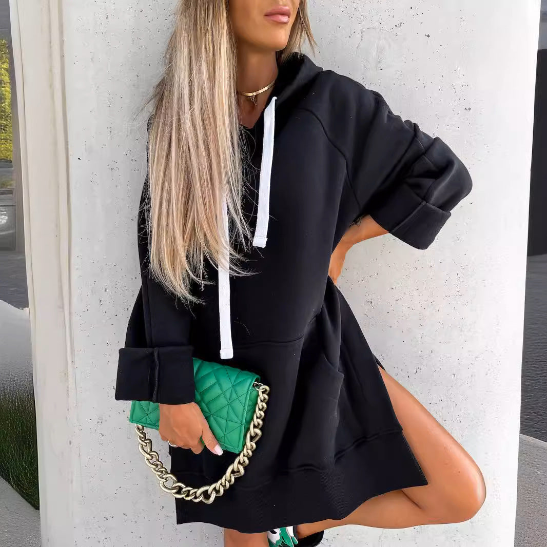 Dame hoodie kjole med hætte og sideskår Stilla
